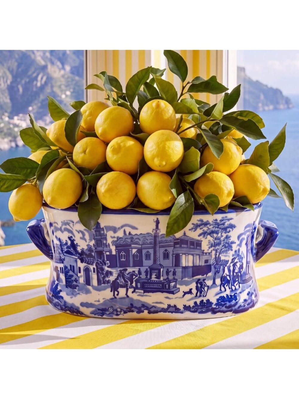 Blue & White Ceramic Planter Vase - Charming Townscape Design for Home Decor